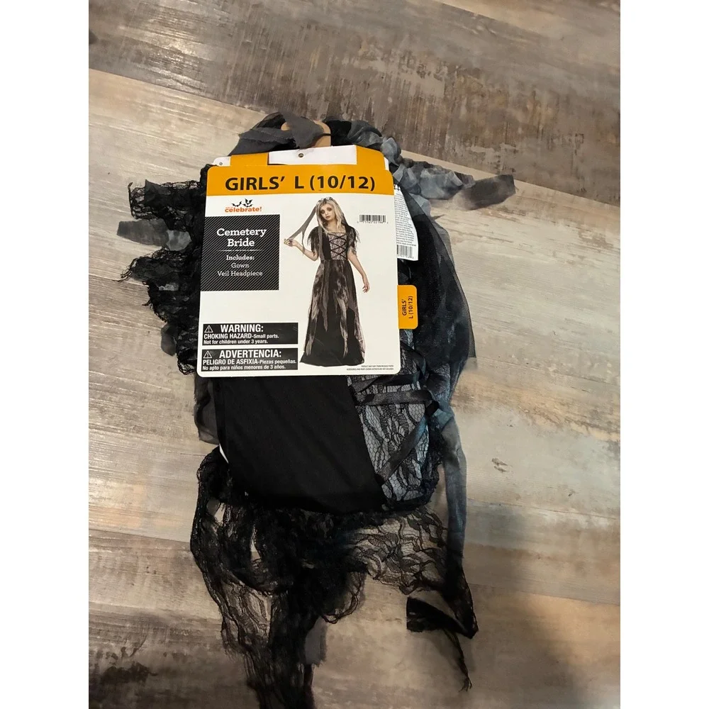 Way to Celebrate Girls Cemetery Bride Costume Gown Veil Set Large 10-12 Black